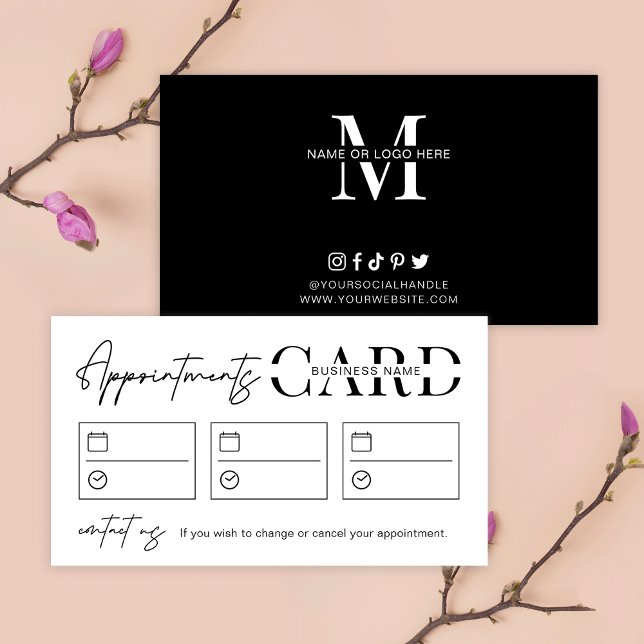 Minimalist Hair Stylist Salon Logo Black & White Appointment Card (Minimalist appointment reminders card with space for 3 appointments, your logo and contact details)