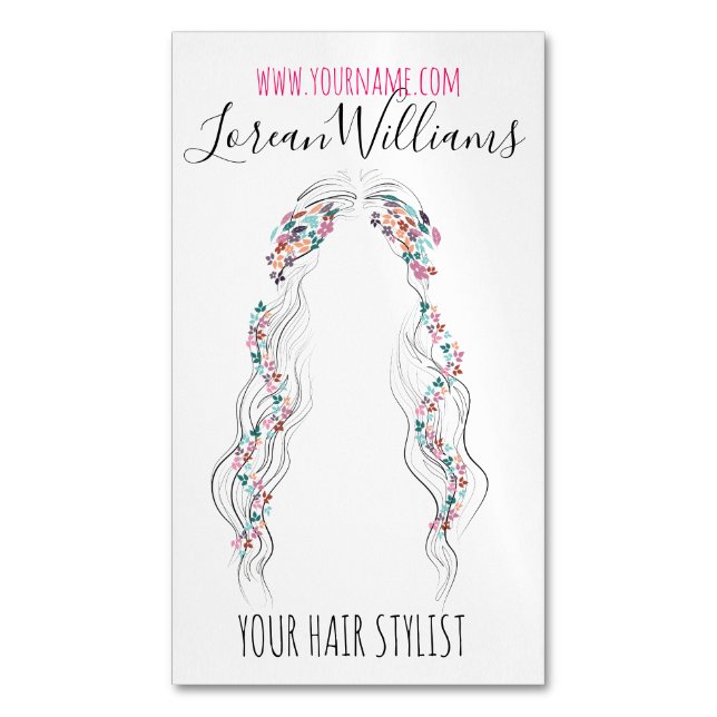 Minimalist Hairstylist Bride Wavy Hair Chic Floral Business Card Magnet (Front Vertical)
