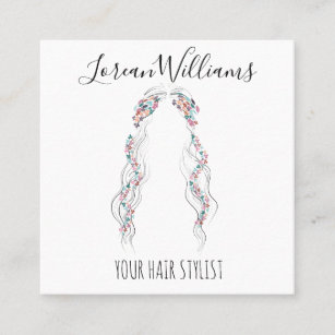 Minimalist Hairstylist Bride Wavy Hair Chic Floral Square Business Card