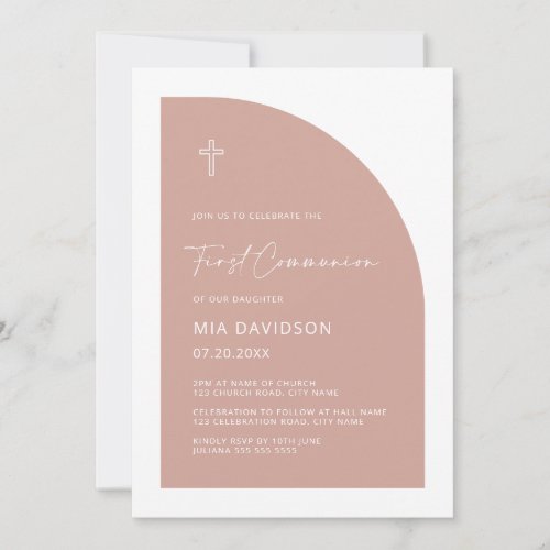 Minimalist Half Arch Blush Pink First Communion Invitation