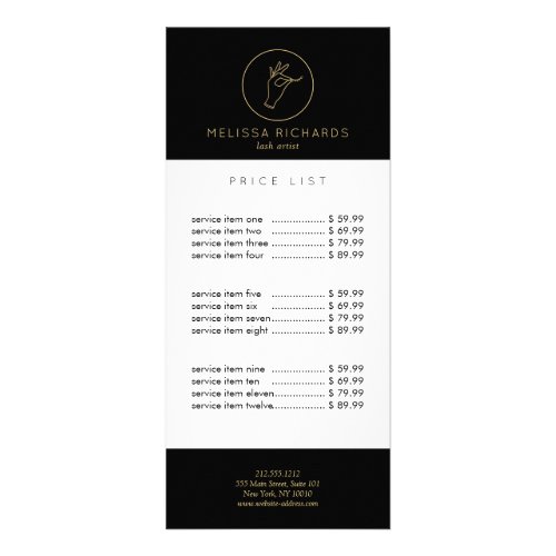 Minimalist Hand and Lashes Logo BlackGold Rack Card