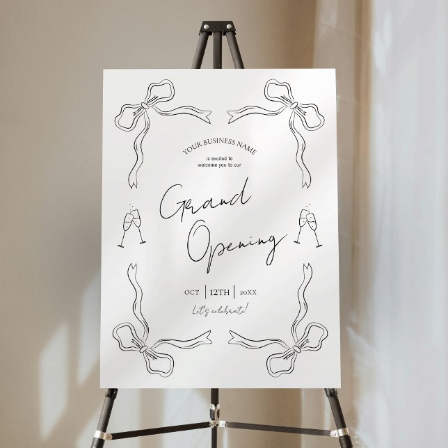 Minimalist Hand Drawn Business Grand Opening Sign (Professional business grand opening easel sign with hand drawn ribbons and handwritten fonts)