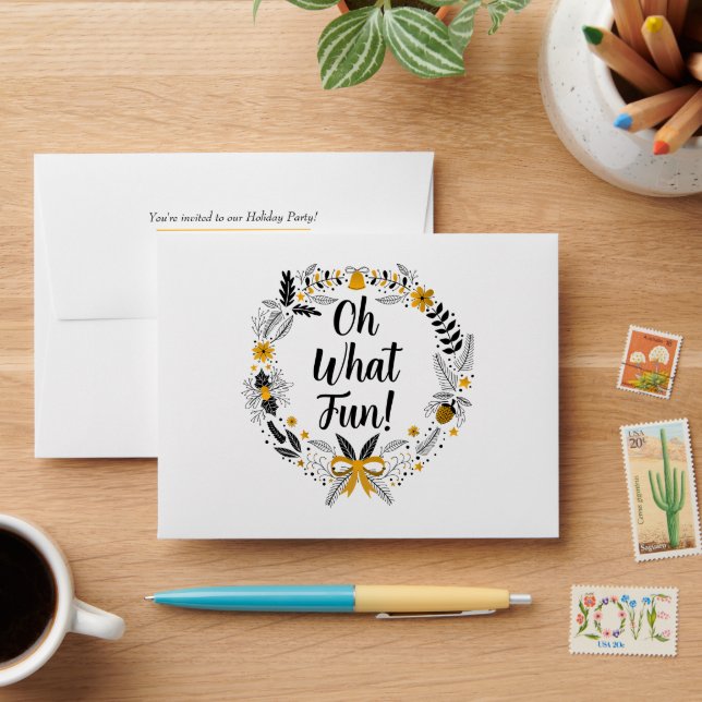 Minimalist hand-drawn Oh What Fun Christmast Party Envelope (Desk)
