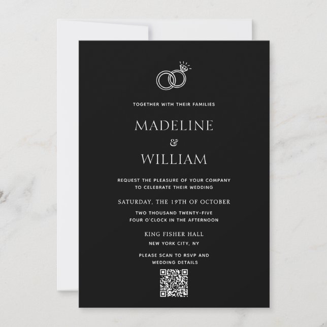 Minimalist Hand Drawn Rings Black Qr Code Wedding Invitation (Front)