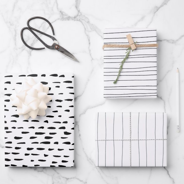 Minimalist Hand Drawn Stripes Lines Dots Spots Wrapping Paper Sheets (Front)
