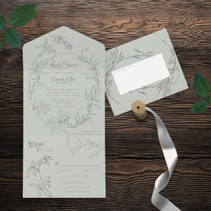 Minimalist Hand-drawn Vines Sage Green Gray All In One Invitation