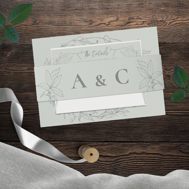 Minimalist Hand-drawn Vines Sage Green Gray Invitation Belly Band (Creator Uploaded)