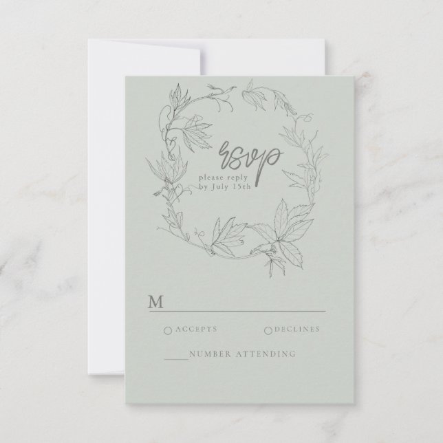 Minimalist Hand-drawn Vines Sage Green Gray RSVP C Card (Front)