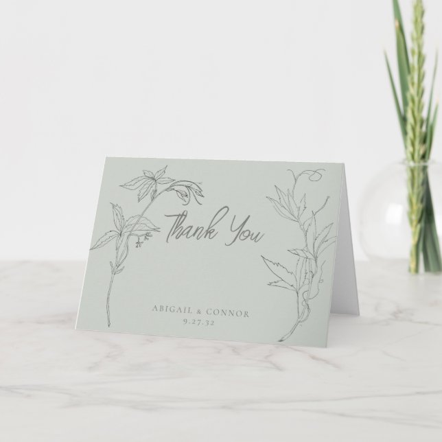 Minimalist Hand-drawn Vines Sage Green Gray Thank You Card (Front)