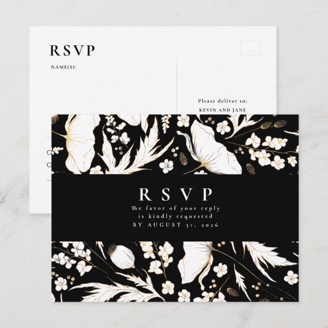 Minimalist Hand-drawn Wildflowers Wedding RSVP Postcard (Front/Back)