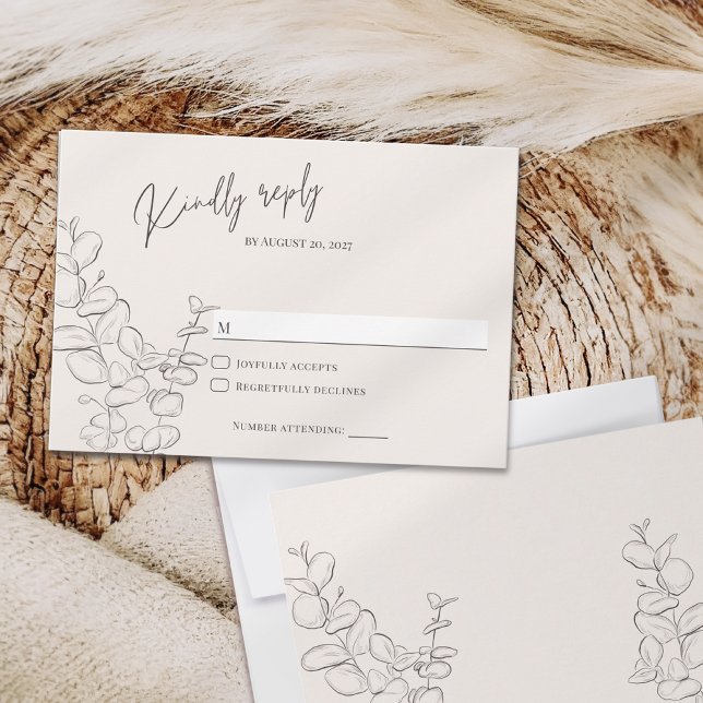Minimalist handdrawn eucalyptus leaves ivory RSVP card (Creator Uploaded)