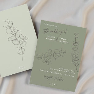 Minimalist handdrawn leaves green script wedding invitation