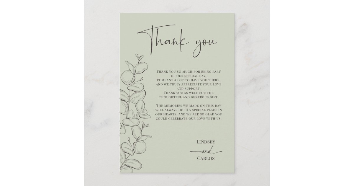 Green Scripts Minimalist handdrawn leaves green script wedding thank you card | Zazzle