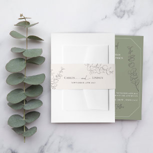 Minimalist handdrawn leaves sage green wedding invitation belly band