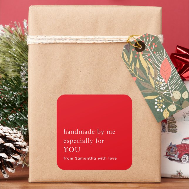 Minimalist Handmade Especially For You Red White Square Sticker (Holiday)
