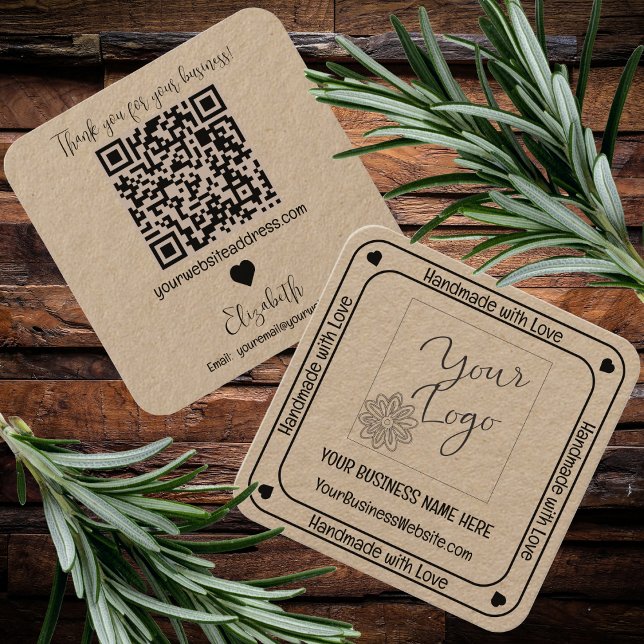 Minimalist Handmade with Love Business QR Code Square Business Card (Minimalist Handmade with Love Hearts Crafting Business QR Code Square Kraft Business Card)