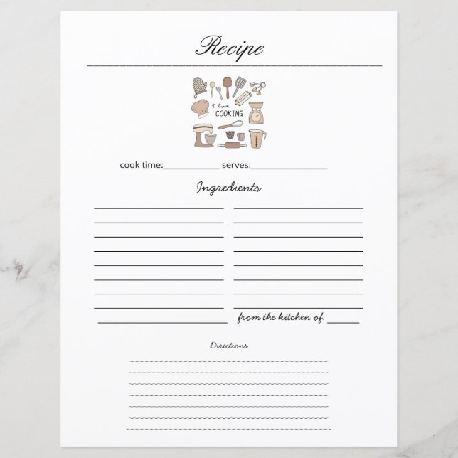 Minimalist Handwriting Recipe Cookbook Sheet Page  (Front)