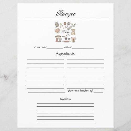Minimalist Handwriting Recipe Cookbook Sheet Page 