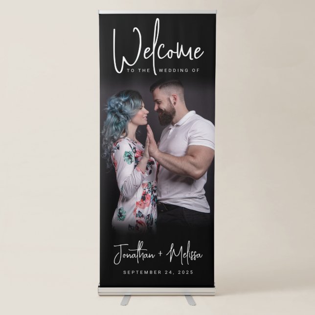 Minimalist Handwriting Script Photo Wedding Retractable Banner (Front)