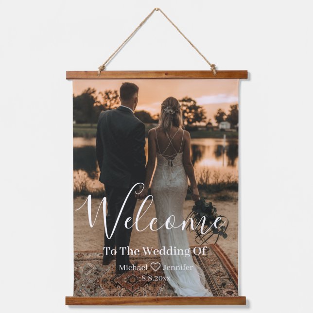 minimalist handwriting wedding photo welcome sign hanging tapestry (Front)