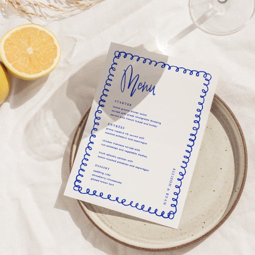 Minimalist Handwritten Blue French Wedding Menu