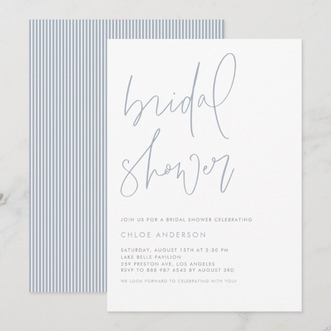 Minimalist Handwritten Dusty Blue Bridal Shower Invitation (Front/Back)