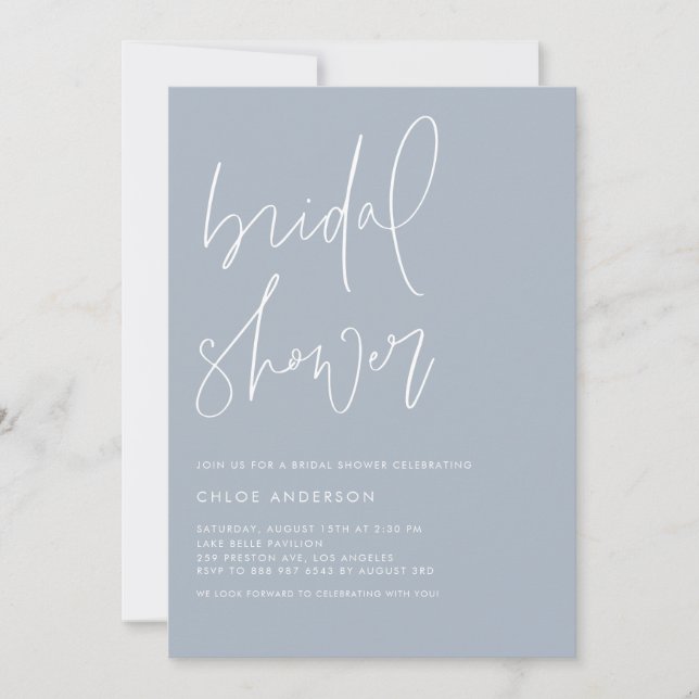 Minimalist Handwritten Dusty Blue Bridal Shower Invitation (Front)