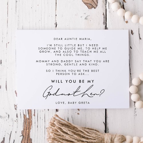 Minimalist handwritten Godmother proposal  card