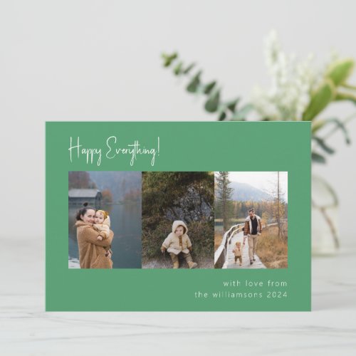 Minimalist Handwritten Green Multi Photo Four Holiday Card