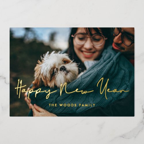 Minimalist handwritten Happy New Year photo Foil Holiday Card
