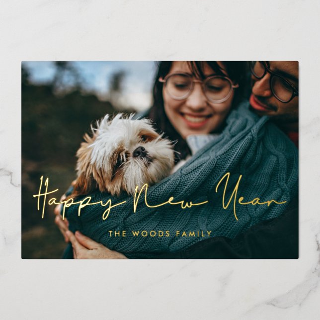 Minimalist handwritten Happy New Year photo Foil Holiday Card (Front)