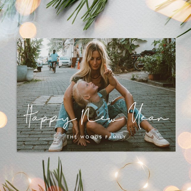 Minimalist handwritten Happy New Year photo Holiday Card (Creator Uploaded)