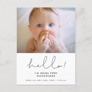 Minimalist handwritten Hello new baby photo Postcard