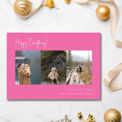 Minimalist Handwritten Hot Pink Multi Photo Four Holiday Card