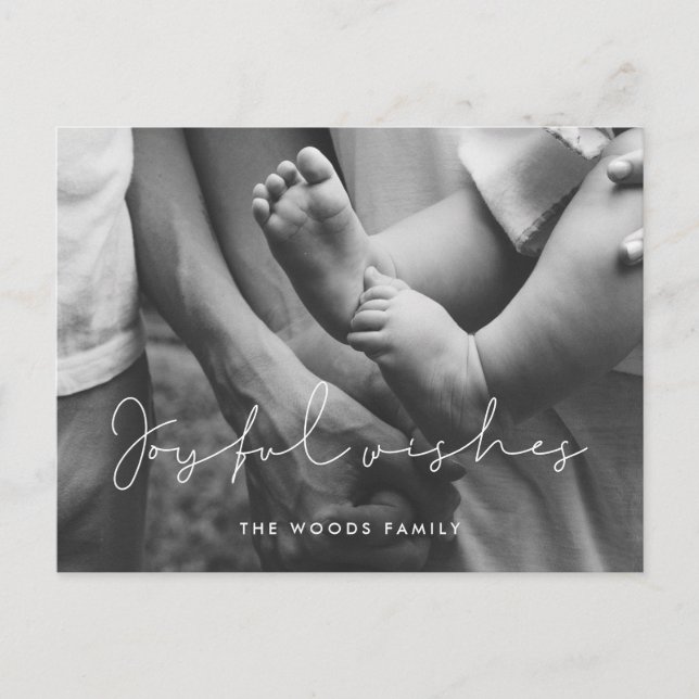 Minimalist handwritten Joyful wishes Holiday photo Postcard (Front)