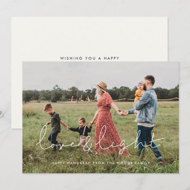 Minimalist handwritten Love & light Hanukkah photo Holiday Card (Front/Back)