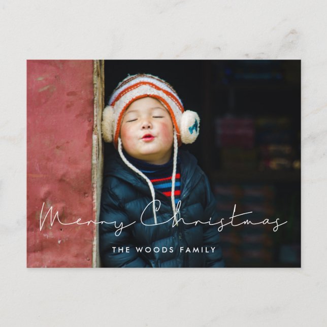 Minimalist handwritten Merry Christmas kids photo Postcard (Front)