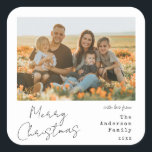 Minimalist Handwritten Merry Christmas Photo Square Sticker<br><div class="desc">Happy Holidays! Send your warm wishes to friends and family this Christmas season with a personalized photo Christmas sticker. It features minimalist handwritten script and vintage typewriter typography. Make your own by adding a custom photo,  names,  year and other details. This minimal Christmas sticker is available in other colors.</div>