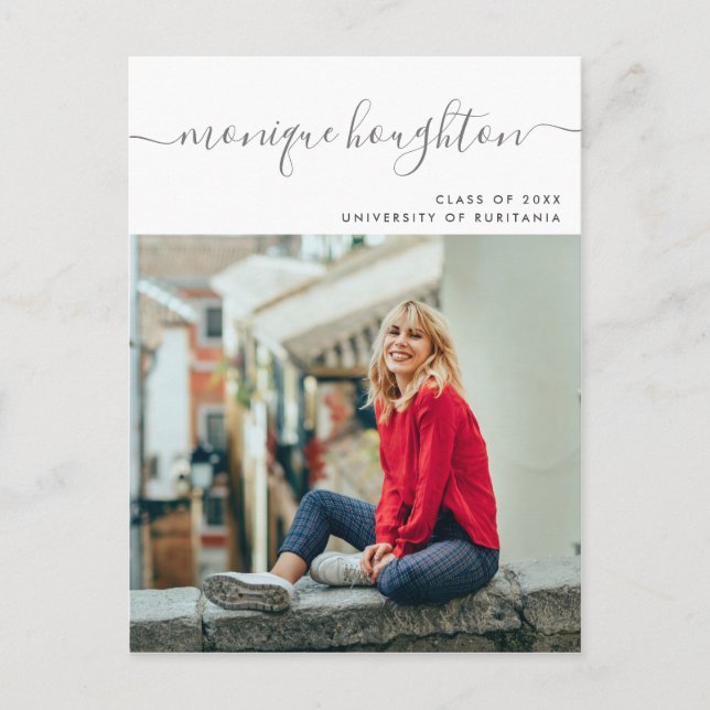 Minimalist Handwritten Name Photo Graduation Party Invitation Postcard (Front)