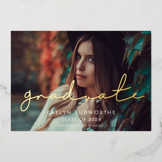 Minimalist handwritten Photo Graduation Party Gold Foil Invitation (Front)