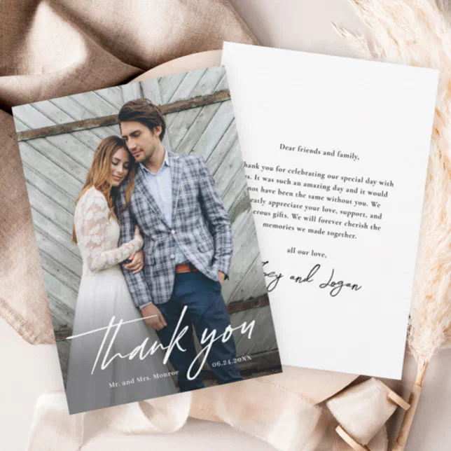 Minimalist Handwritten Photo Wedding Thank You Card | Zazzle