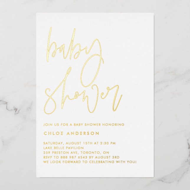 Minimalist Handwritten Script Black Baby Shower Foil Invitation (Front)