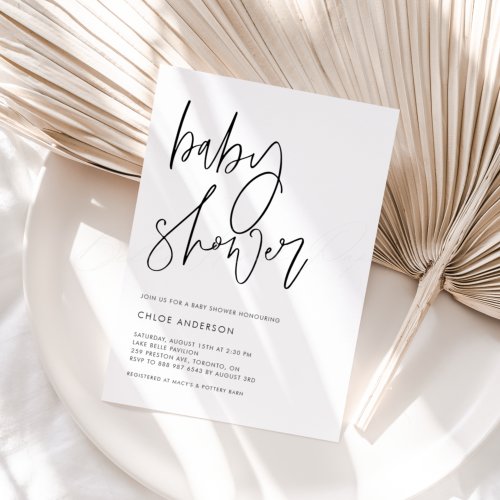 Minimalist Handwritten Script Black Baby Shower Invitation