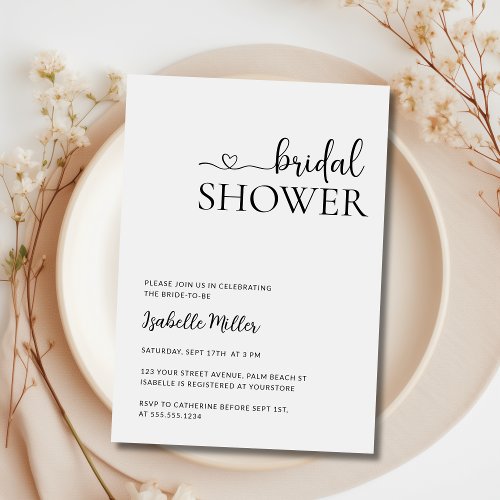 Minimalist Handwritten Script Black Bridal Shower  Invitation