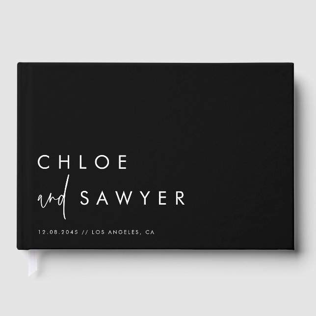 Minimalist Handwritten Script Black Photo Wedding Guest Book (Front)