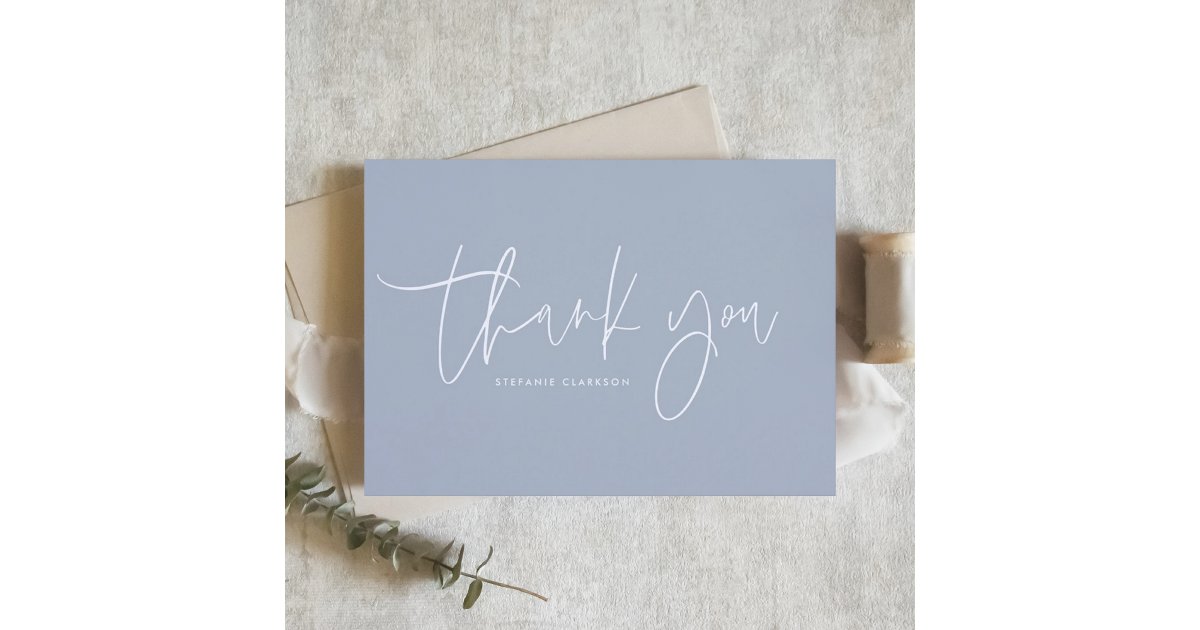 Minimalist Handwritten Script Dusty Blue Thank You Card | Zazzle