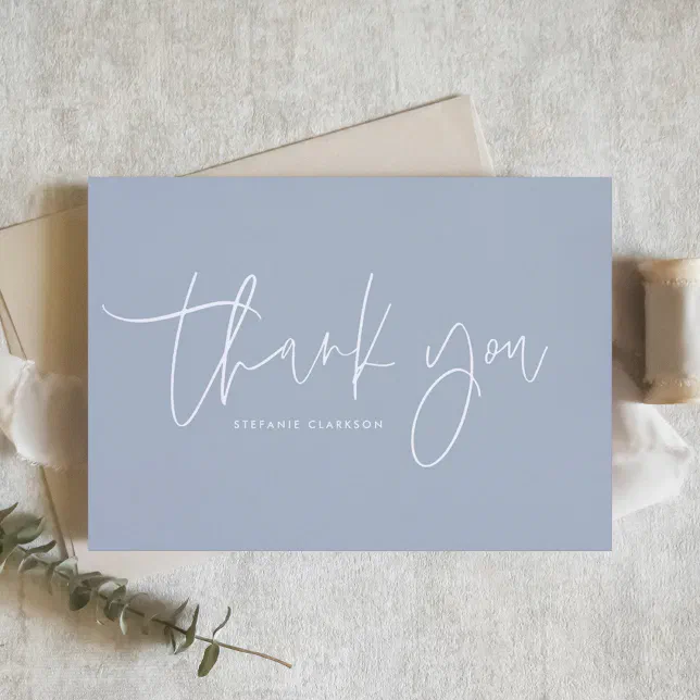 Minimalist Handwritten Script Dusty Blue Thank You Card | Zazzle