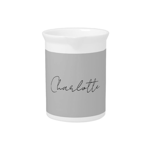 Minimalist Handwritten Script Name Grey Beverage Pitcher (Front)