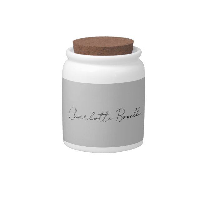 Minimalist Handwritten Script Name Grey Candy Jar (Front)