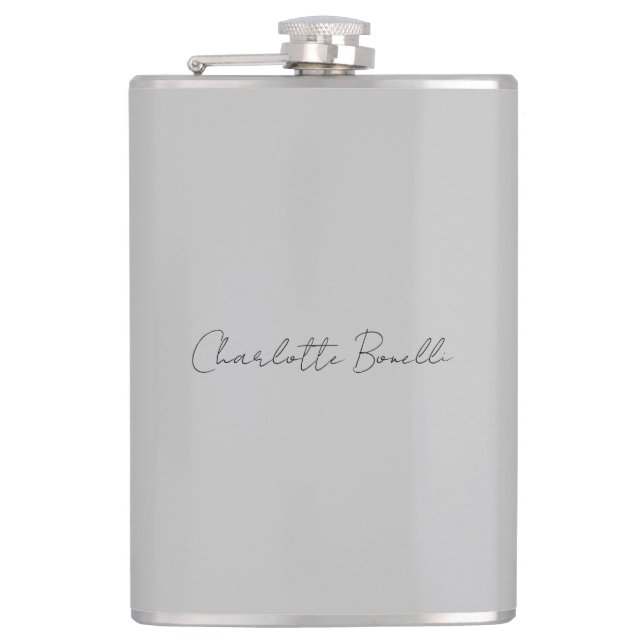 Minimalist Handwritten Script Name Grey Flask (Front)